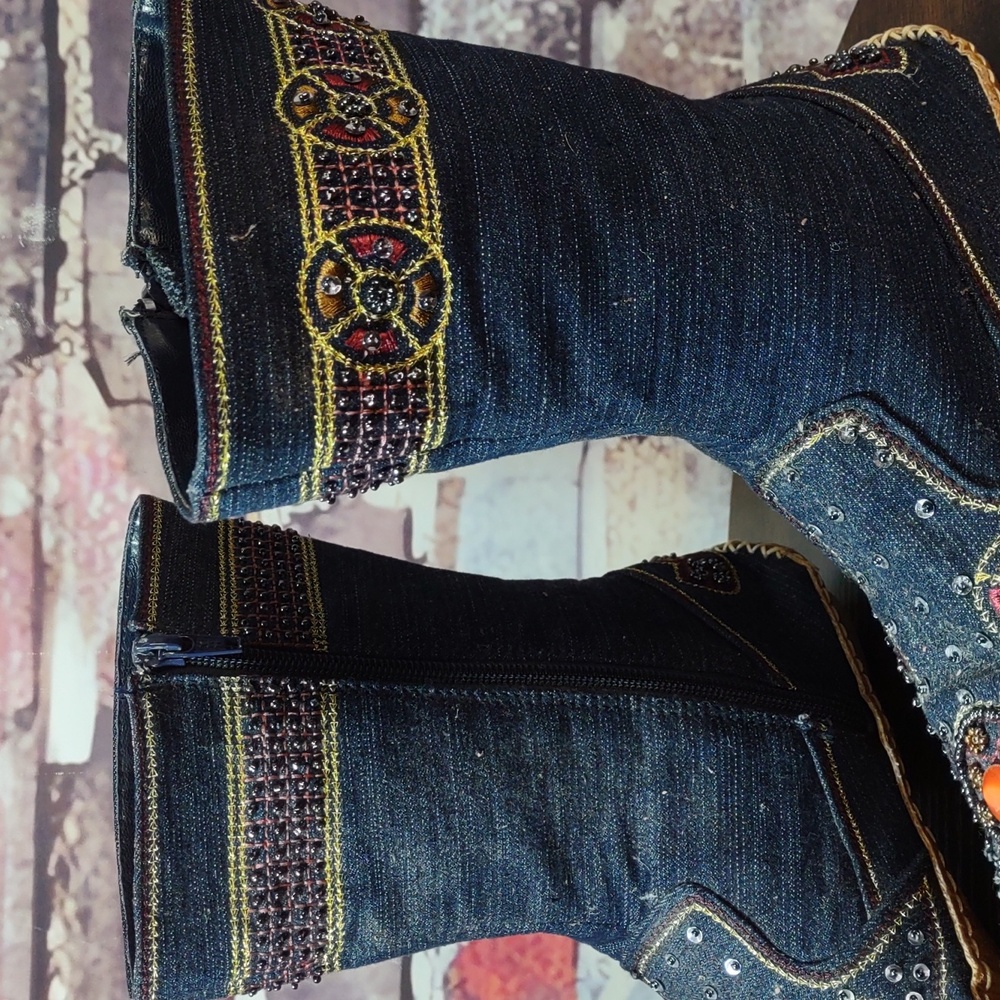 Bamboo Embellished Denim Moccasin Style Ankle Boots - Picture 12 of 16